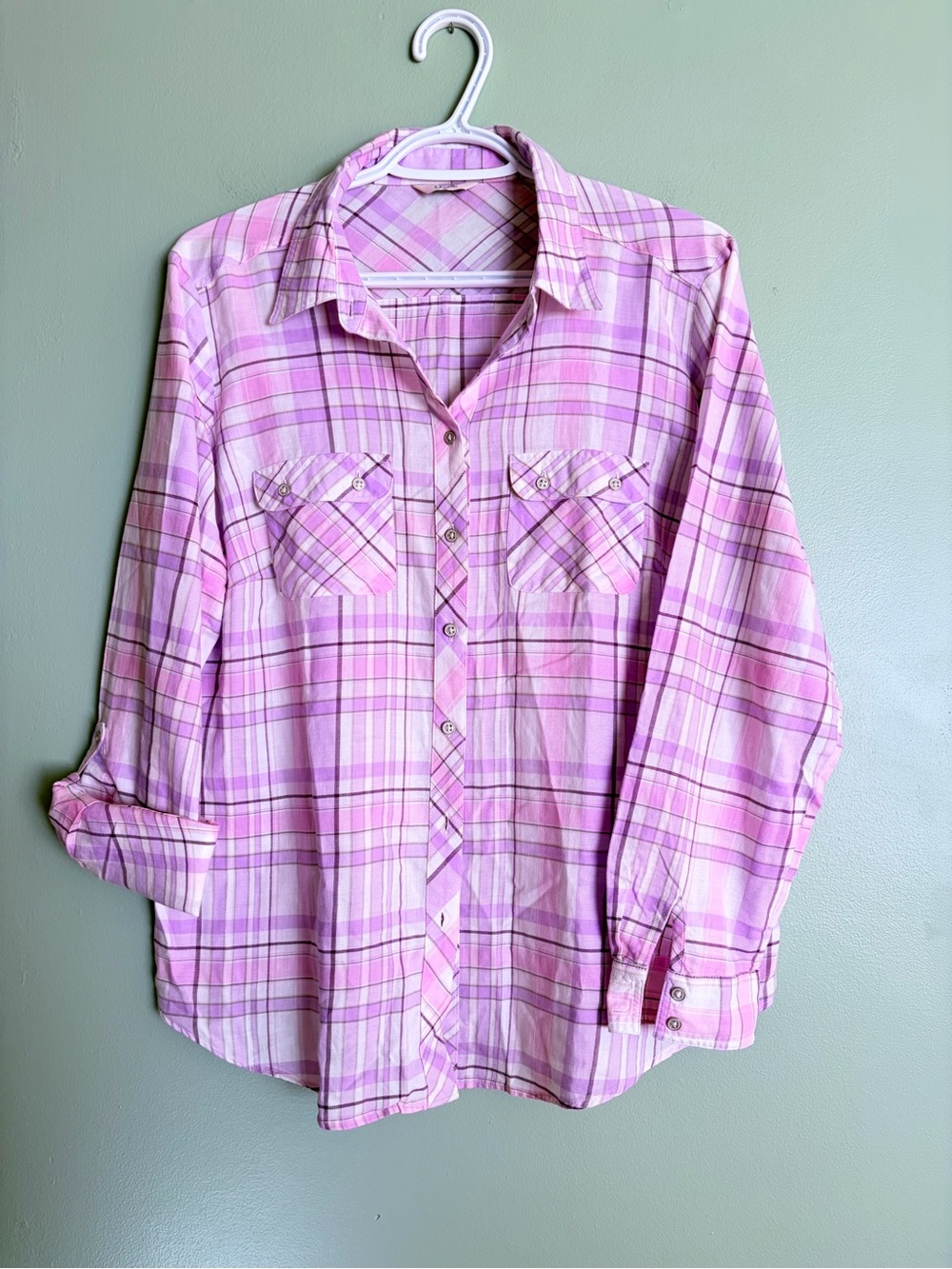 M&S Pink Check Cotton Shirt Plus Sz 14 Roll Tab Casual Cottagecore Western Top